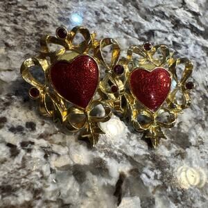 Vintage Avon Red Enamel Hearts Bows Gold Tone Crystals Pierced Ears